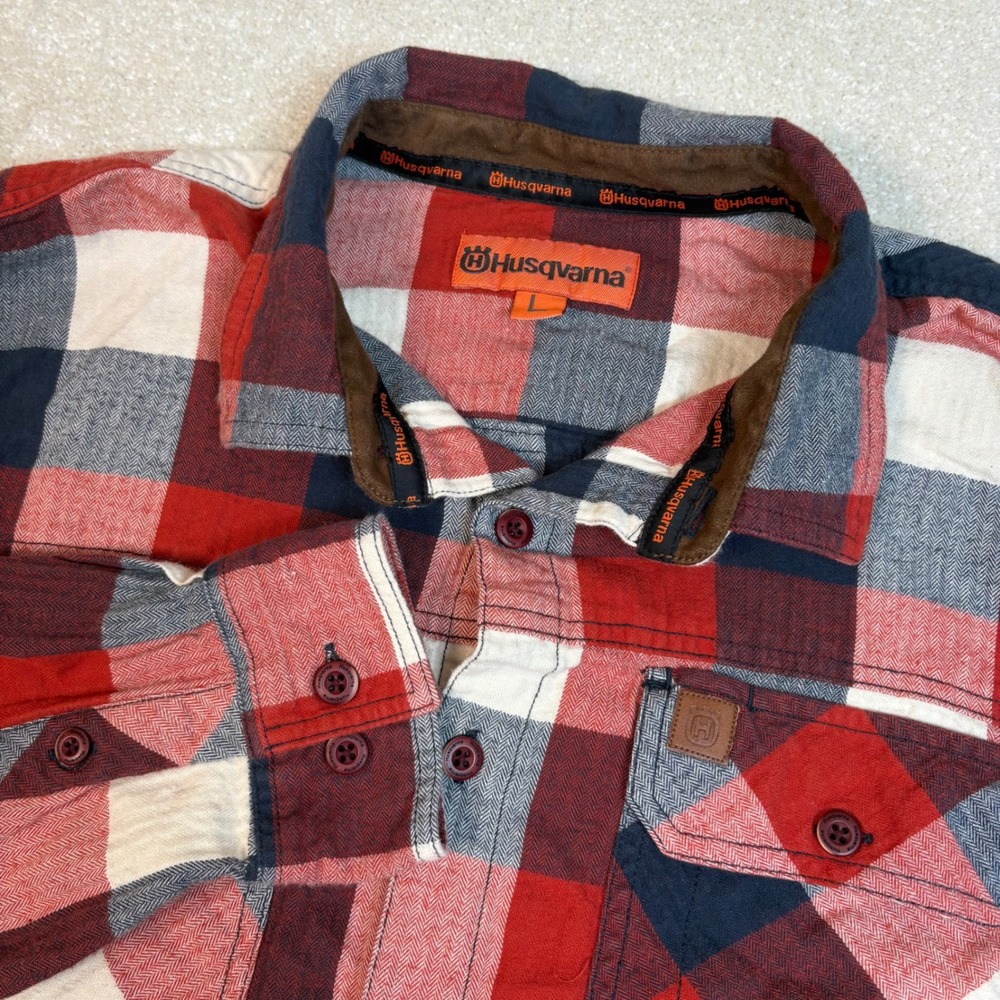 Husqvarna Mens Large Flannel Shirt Red Blue Plaid Cotton Long Sleeve Workwear L